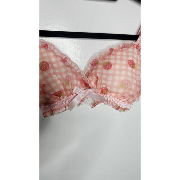 Pink Gingham Strawberry Print Bra Womens XL Ruffle Lace Kawaii Bow Cute Lingerie - Picture 3 of 5